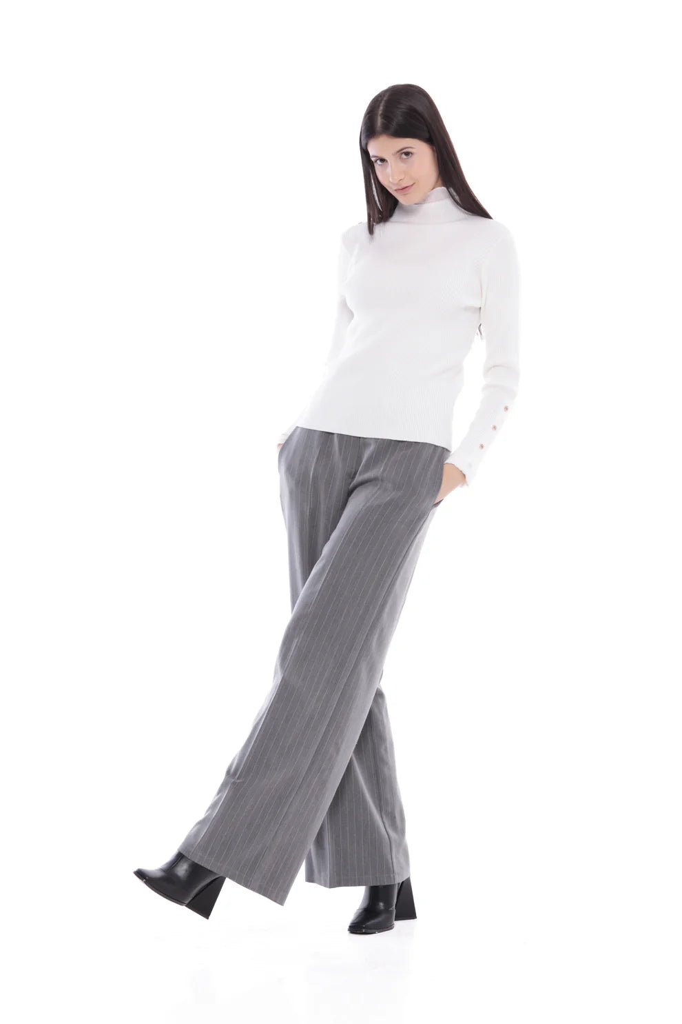 PANTALONE PALAZZO GESSATO CON DETTAGLIO IN RASO