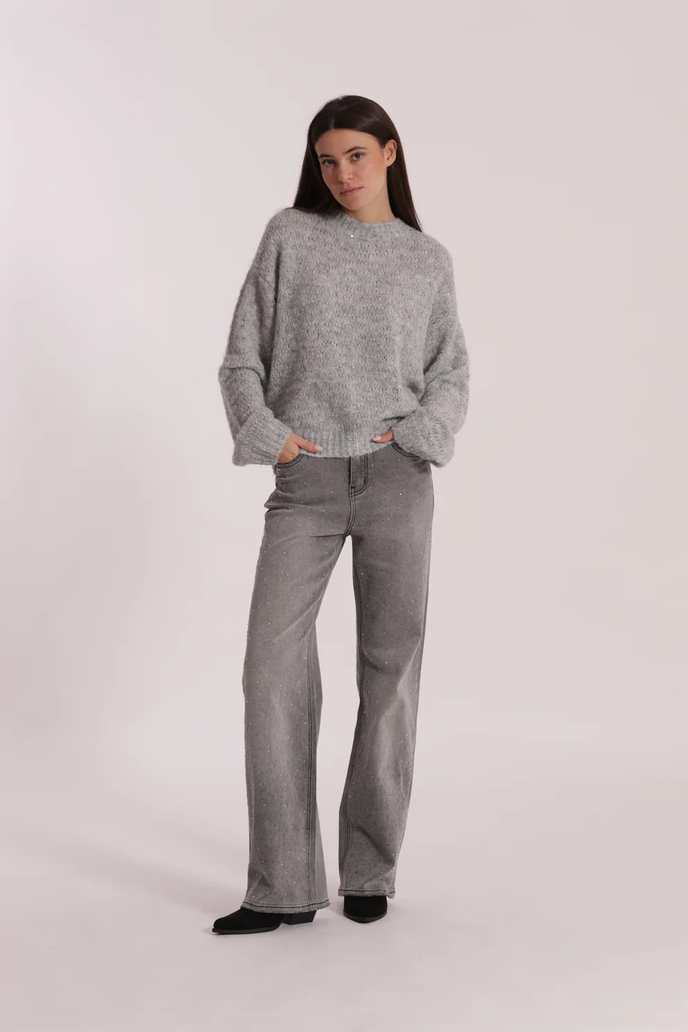 JEANS WIDE LEG CON STRASS TRASPARENTI